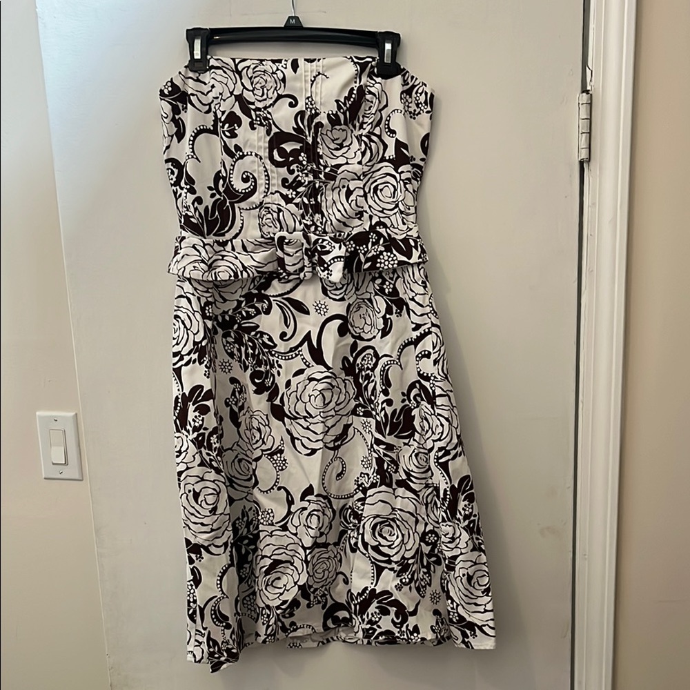 Brown and White Floral Strapless Dress